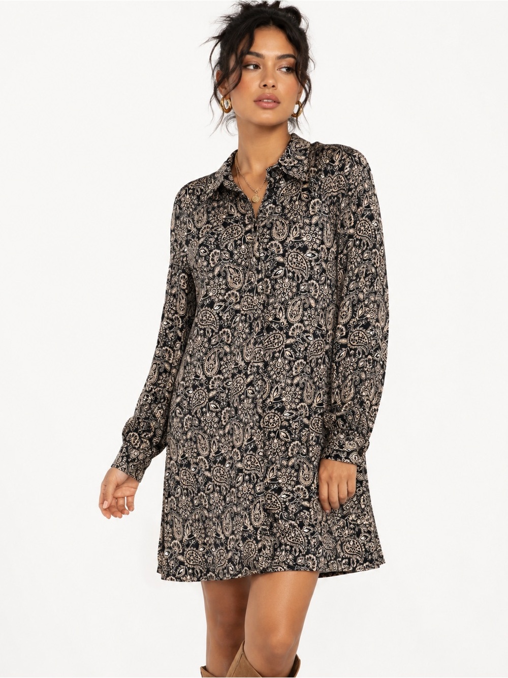 Boden NWT Paisley Shirt Dress Black Cream Boho Tunic Dress Plus 16/18